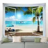 Tapisseries Multi Mönster utanför fönstret Sea Sidan Landskap Ocean Bakgrund Vägg hängande tryck Tapestry Room Decor Home Bedroom Filt