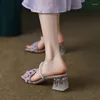 Zapatillas cuadradas cuadradas de punta abierta mujeres de verano con correa de tejido tobogán informales 5 cm transparente tacones altos sandalias femininos