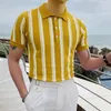 Mäns casual skjortor 2023 gula smala män kort ärm sommaren tunn skjorta streetwear randiga polos t bomullsaffärskläder