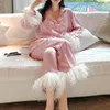 Women's Sleepwear Women Fashion Cotton Pajamas Two-piece Suit Light Luxury Ostrich Feather Nightwear Sleep Tops