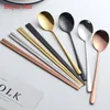 Dinnerware Sets SS304 Korean Stainless Steel Chopsticks Spoon Set Long Handle Non-slip Dessert Spoons