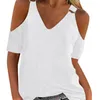 Kvinnors blusar V-ringning kall axel t-shirt blommig tryck pullover toppar sommar med spänne dekor för en