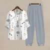 Women's Two Piece Pants Casual Printed Five Quarter Sleeve Loose Shirt Top Wide Leg Woman All Outfits Jumpsuit For Wedding Guest Women