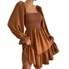 Casual Dresses Spring Autumn Women Dress Pleated Wrapped Chest Mini Long Sleeve High Waist Ruffle Loose Hem A-Line