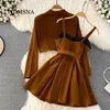 Werkjurken WDMSNA Spring Suit Women Koreaanse mode lange mouw jas voor slanke taille gesuspendeerde jurk 2 -delige sets dames outfits