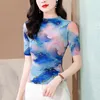 حجم القمصان النسائية M-4XL طباعة غامضة TEE Top Women نصف الأكمام مرنة Slim Double Layer Mesh Base Tshirt