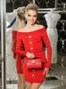 Casual jurken ailigou 2023 dames rood off schouderbandage mini jurk knop lange mouw bodycon celebrity feest elegante vestidos