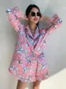 Dames slaapkleding Marthaqiqi Printing Pyjamas Patchwork Feathers Nightie Lange Mouw Turn Down Collar Shorts Femme Pyjama's Pakken