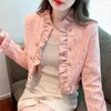 Frauenjacken rosa Tweed Kurzjacke 2023 Elegante kleine Duftmantel weibliche Temperament Mode süße Rüschen Langarm Outerbekleidung