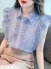 Blouses feminina Mulheres Summer Summer Ruffles elegante sem mangas French Lace Vintage Hollow Out Borderyer Camisetas doces Tops Sexy Pullover Túnica