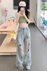 女性のジーンズ2023夏のシックな女性y2kフラワー刺繍デニムパン女性ヴィンテージルーズストレートワイドレッグパンタロンミュージャー