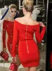 Casual jurken ailigou 2023 dames rood off schouderbandage mini jurk knop lange mouw bodycon celebrity feest elegante vestidos