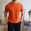 남자 티셔츠 패션 패션 남자의 둥근 목 목에 자수 짧은 슬리브 티셔츠 여름 격자 무늬 니트 슬림 티 셔츠 스트리트웨어 homme 4xl-m 230812