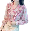 Kvinnor Blusar Ruffled V Neck Floral Chiffon Shirt Clothing 2023 Våren och hösten långärmad skjortor Vackra topp