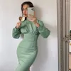 Casual Dresses Party Fashion Green Elegant Ladies Long Sleeve Knitted Corset Slim Clothes Fall Autumn For Women Arrival 2023