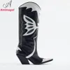 Stiefel Aminugal Cowboy Cowgirl Knie hohe lange Stiefel Schmetterling besticktes schwarz weißes Feen -Feen -Stiefel Western Stiefel Marke 230812