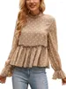 Dames blouses dames s peplum blouse tops puff puff long mouw stippen print ruche zoom schattige casual gesmokte tuniek