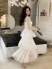 Casual Dresses Lace Collar Slightly Transparent Soft Yarn Embroidery Pleated Waist Layer Cake Edge Long Dress