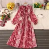 Casual Dresses 2023 Spring Autumn Women A Line Large Hem Chiffon Dress Elegant Tie Bow Print Ladies Puff Sleeve Long Holiday Vestidos