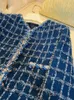 2023 Autumn Blue Plaid Print Panele Tweed Kurtka Długie rękaw okrągła szyja podwójne kieszenie klasyczne kurtki Płaszcz Krótka warstwowa część a3G146587