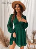 Miss Petal Plunge A-Line Mini Dress Woman Green Sexy Long Sleeve Party Dress 2023 Spring Autumn Female Sundition L230814