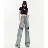 Women's Jeans Hollowed Out Hole Summer Street Style Chic Female Loose High Waist Wide Leg Baby Blue Denim Trousers