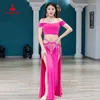 Sahne Giyim Göbek Dans Kostümü Kadın Kıdemli Spandex Kısa Kollu Top Ab Tassel Uzun Etek 2 PCS Yetişkin Dans Egzersiz Giysileri
