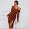 2023 Women's Dress Split Off Shoulder Autumn Winter Wrap Hip Long Sleeve Fashion Dress