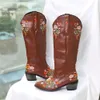 Boots Vintage Shaped Flowers Embroidery Bootes Women Western Cowgirls Cowboy Boots Casual Work Riding Chunky Heel Boot Ladies 230812