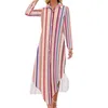 Casual Dresses Retro Striped Chiffon Dress Colorful Print Beach Street Style Woman Sexy Pattern Clothes Big Size