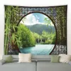 Tapestries Chinese Natural Scenery Tapestry Retro Style 3D Arch Door Green Bamboo Wall Hanging Tapestries Modern Background Decor Blanket R230812
