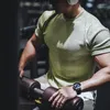 Herr t skjortor mode ribbade ren färg män sport fitness stretch smal t-shirt kort ärm o nacke män träning tee casual pullover