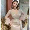 Plumes perlées robes de bal manches longues trompette sirène Champagne Satin arabe femmes robes de soirée 2024 328 328