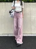 Frauen Jeans amerikanischer Stil Pink Retro Ripped Design Feeling Lose Lose Slim Wide Beine ausgefranste Hose Baggy Baggy