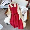 Vestidos casuais de tamanho grande estilo francês estilo tricô vermelho vestido de outono inverno quente manga longa colarinho pólo line para mulheres