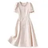 2023 Summer Pink Solid Color Panelled Dress Short Sleeve Round Neck Midi Casual Dresses W3L043205