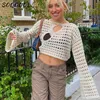 Women's Sweaters Y2K Hollow Out Cropped Knit Smock Top Women Vintage Loose Distressed Crochet Pullovers Crop Tops Fairy Grunge Sweater Coverup 230814