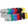 Kurze Ärmel einfach Farbe 100% Baumwolle Custom Printing Boy Sweatsuit Sets Sommer Baby Shorts T Shirt Set Kinderkleidung Kleidung