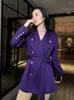 Women's Trench Coats Design Sense Of Minority Dark Purple Green Fruit Collar Long Sleeve Work Suit Style Small Satin Jacket Female