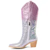 Laarzen Women hebben gericht op teen knie hoge westerse cowgirl laarzen glitter bling glanzend blok hiel lady laarzen zapato 230812