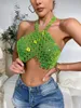 Женские танки Bling зеленые акриловые бусины тканые camis для женщин без спинки майки -вершины летние вечеринки.