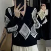女性用セーター秋のヴィンテージニットカジュアルダイヤモンドチェッカーコントラストvネックファッショントップハラジュクプルオーバー