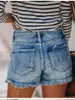 Kvinnors shorts Sexig rippad tofs mager jean med fickor kvinnor hög midja sommar streetwear tvättar orolig blå hål denim