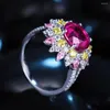 Ringos de cluster Anster Gemstone 925 Sterling Silver Round Cut Lab Lab Cultivado Sapphire Color Flower Ring Anel de casamento feminino