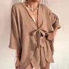 Kvinnors T -skjortor Summer Sexig Deep V Lace Up Top With Shorts Pyjama Suits Simple Casual Solid Two Piece Set Fashion Loose Homewear Outfit
