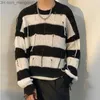 Men's Sweaters Striped O-neck patterned sweater with hollow Korean street knit waist unisex bag design personalized and fully matched with teenagers Z230814