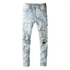 Men's Jeans Men Painted Graffiti Elastic Slim Fit Destroyed Ripped Rhinestone Beading Patch Designer Brand Hip Hop Pants