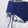 Frauen Badebekleidung sexy offener Bikini mit Brustpolstern Grenze spaltend tibetisch blau ethnischer Stil gedruckter Hohe Taille gedruckt