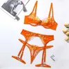 Sexy Set Lace Embroidery Lingerie Sexy Transparent Underwear Erotic 3 Piece Orange Mesh Bra Short Skin Care Kits Bilizna Set 230808