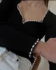 Pulls de femmes Musier Paris rétro Pull en tricot à basse coupe bas carré de perle de perle de base de base de base Femme Femmes